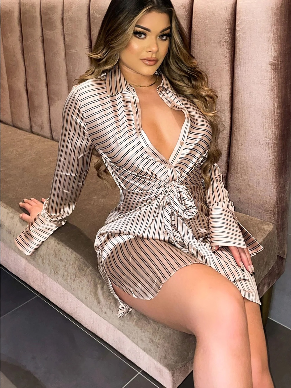 Fashion Nova Beige and Black Striped Tie-Front Mini Dress